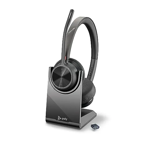 Auriculares inalámbricos Poly Voyager 4320 UC y soporte de carga - Audífonos estéreo con micrófono de brazo con cancelación de ruido - Conexión Bluetooth a PC/Mac/teléfono móvil, Funciona: Teams, Zoom