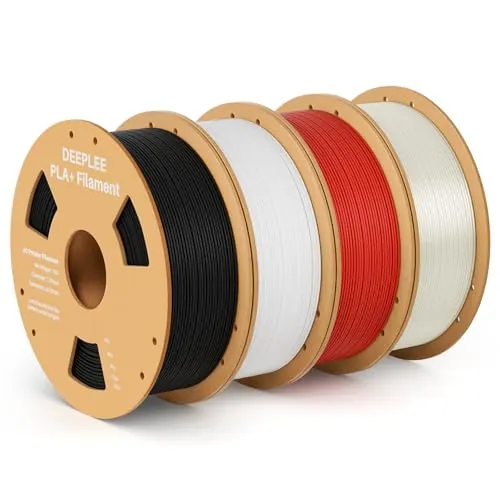 DEEPLEE Filamento PLA+ 1.75 mm, Kit 4 Bobinas Negro, Blanco, Rojo y Translúcido (4kg). Mayor Resistencia y Dureza. Precisión ±0.02 mm, Sin Atascos. Compatible con FDM.