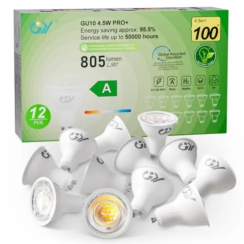GY GU10 LED spot 4.5W bombilla led gu10, Luz fría 6500K 805 Lumen, 4.5W equivalentes a 100W, ángulo de haz 36°, bombilla bajo consumo,No Regulable,12 piezas