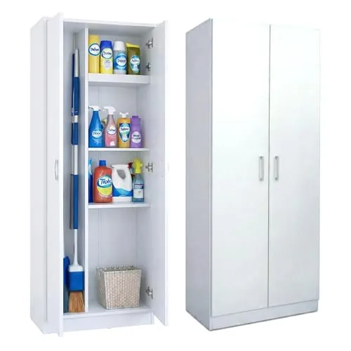 Marctani Armario Escobero Interior Blanco - Mueble Escobero Multiusos con Estante Central Regulable - Capacidad 15kg por Estante - Armario de Limpieza para Despensa o Lavadero
