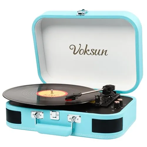 Tocadiscos de Vinilo, VOKSUN Tocadiscos Portátil Vintage con Altavoces Incorporados, Reproductor LP Vinilo con In/out Bluetooth con 3 Velocidades, Maleta USB, Entrada AUX, Línea RCA, Auto-Stop (Azul)