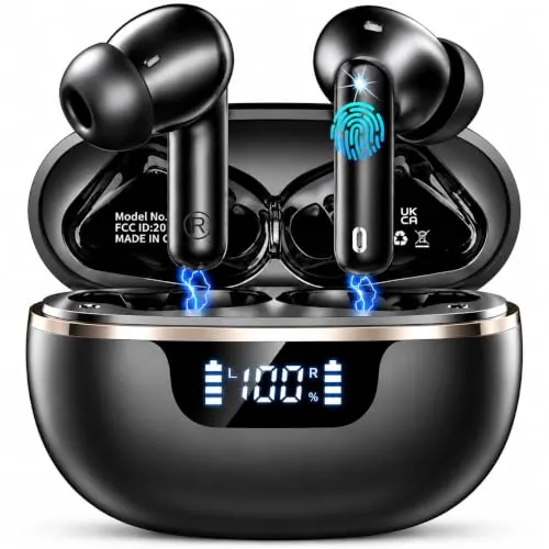 Auriculares Inalámbricos Bluetooth 5.4, Cascos Inalambricos Sonido HiFi Estéreo, Cancelación de Ruido ENC en Llamada, 48h Reproducción, IP7 Impermeable/Pantalla LED Digital/Carga Rápida USB Tipo-C
