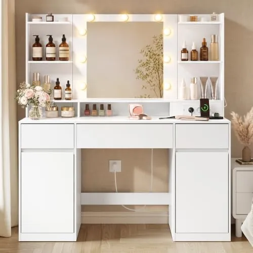 VASAGLE Tocador con Espejo LED, Montaje sin Herramientas, 3 Cajones | Regleta, Espejo LED regulable, Iluminación de 3 Colores, Blanco Nube, Colección KAILYN RDT142WB02