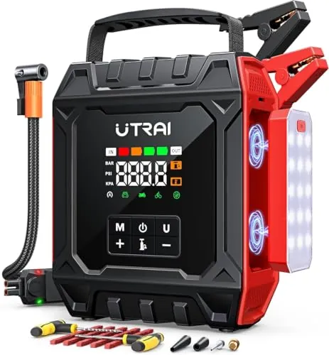Arrancador de Baterías de Coche Portátil 8000A con Compresor de Aire 160PSI(All Gas/12L Diésel/Híbrido),UTRAI Arrancador con Luz Magnética Desmontable de 1200 Lúmenes,Kit de Reparación de Neumáticos