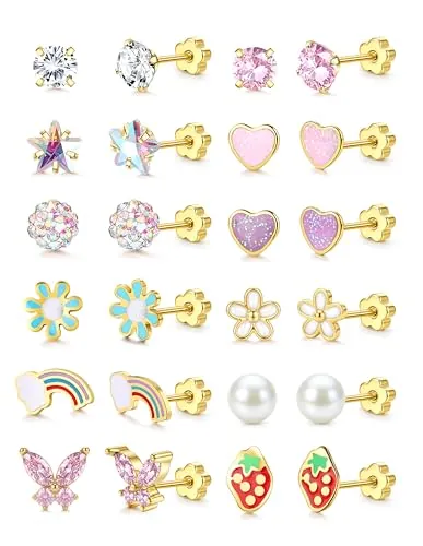 YADOCA 12 Pares Pendientes Niña Oro Pendientes Acero Inoxidable Mujer Botón Hipoalergenicos Espalda Plana para Dormir Aros Pequeño Flor Corazón Perla Arcoíris Lindo Regalo para Niña