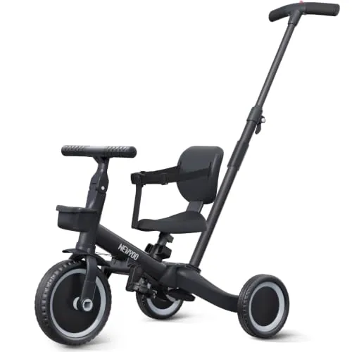 newyoo TR007 Triciclo Evolutivo 5 en 1 para Bebé 1-3 Años con Barra de Seguridad y Empuje, Regalo Infantil con Pedales y Modo Bicicleta, Negro