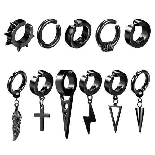 JSTHHTT 10 pcs Pendientes de Aro para Hombre Acero Inoxidable Cruz Cadena Pendientes Negro Hoop Pendientes Diseño Punk para Hombre Mujer