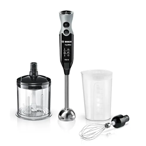 Bosch - Batidora de mano profesional, ErgoMixx, 750 W, 12+1 velocidades, QuattroBlade, Picador y vaso, Negro, MSM67160