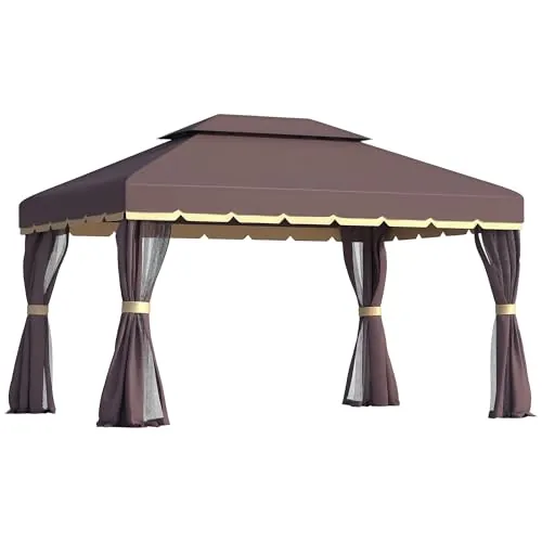 Outsunny Cenador de Jardín 4x3 m Gazebo de Aluminio con Techo de Ventilación 4 Cortinas Laterales 4 Mosquiteras y 8 Orificios de Drenaje para Fiestas Eventos Exterior Café