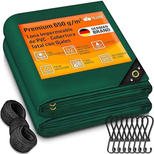 tillvex® Lona con Ojales + 10 Ganchos y Cuerda de 15 m, Lona de 650 g/m² Exterior, Impermeable y al desgarro, Lona de PVC Universal para Camiones, Piscinas, Muebles de jardín, Cubierta