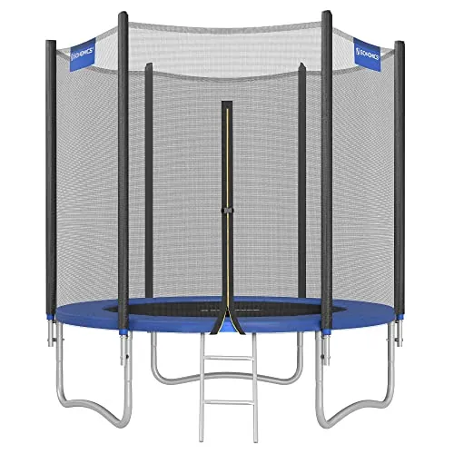 SONGMICS Cama Elástica, 183 cm, Trampolín para Niños con Red, Cojín de Seguridad, Escalera, Mástil Recto de 180 cm de Altura, Marco de Acero, Azul STR061Q01
