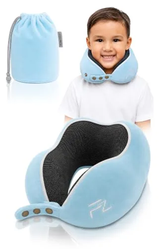FLOWZOOM Comfy Kids Almohada de Viaje para Niños Mayores de 3 Años – Cojín Ajustable con Funda Suave y Lavable – Cojín de Viaje Viscoelástica para Coche, Tren y Avión - Azul, Talla M (3-5 Años)