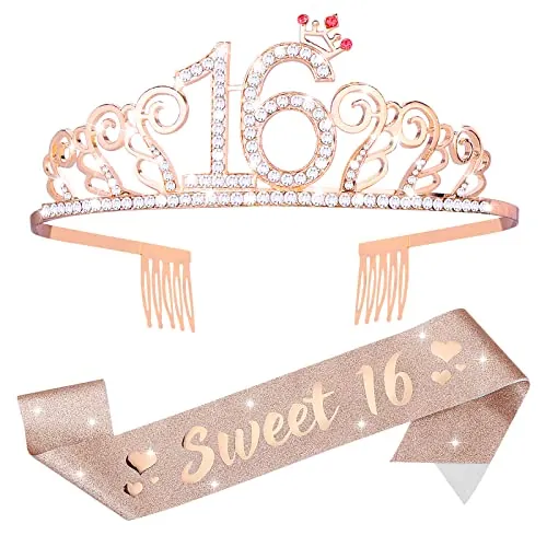 Sweet 16 tiara y faja para niñas, decoración de cumpleaños de satén con corona de diamantes de imitación, regalo de 16 años para niñas, suministros de decoración de fiesta de cumpleaños de 16 años
