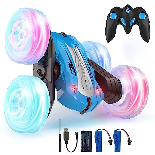 Rodzon Coche Teledirigido,Coche AcrobáTico Camiones 360 Grados De RotacióN,Juguete Niño Regalo 6 7 8 9 12 Años Niña 2.4Ghz Niños Coche Teledirigido con Luces Incluye Batería Recargable (Azul)