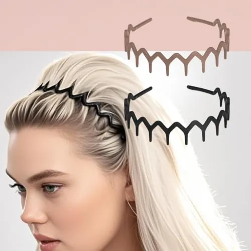 2 piezas de diademas Zig Zag, diadema ondulada con dientes para mujeres, accesorio de diadema para mujeres (Negro y Jacquard)