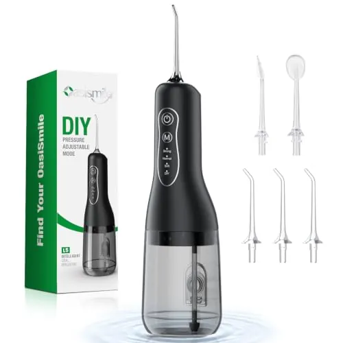 OasiSmile Irrigador Bucal Portatil Flosser, 4 Modos y 5 Boquillas, 300 ML