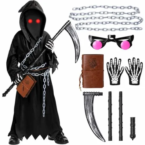 Lubolee Disfraz Halloween Niño con Guadaña y Gafas Luminosas | Disfraz Muerte Niño, Disfraz Halloween Niño con Guadaña y Gafas Luminosas