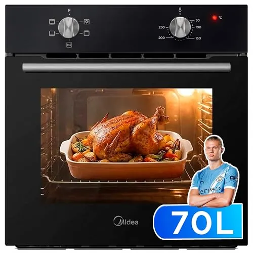 Midea Horno Electrico Empotrable Convencional de 70L y 2100W - Horno Integrable Negro con 4 funciones, Modo ECO - Hornos con Luz Led de Bajo Consumo, Puerta Doble Cristal, Bandeja Universal, y Rejilla
