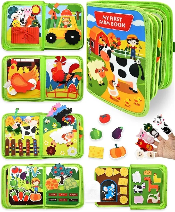 Meafeng Montessori 1 año, 20 en 1 Busy Board de Actividad, Libro Interactivo Juguetes Montessori para niños 1 2 3 4 5 6 años, 10 páginas Animales Granja