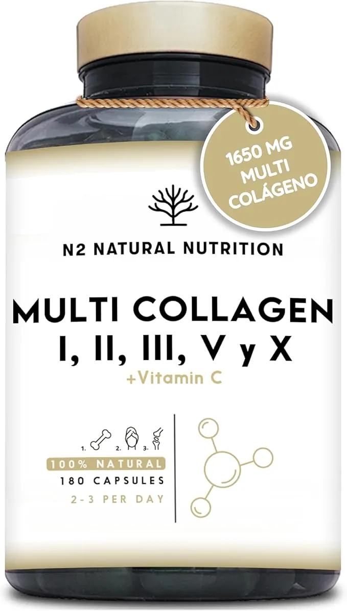 Multi Colágeno Hidrolizado Puro 1650mg + Vitamina C 53mg. Colágeno Tipo I, II, III, V y X, 180 cápsulas. Favorece la Salud de Piel, Cabello, Huesos y Articulaciones. N2 Natural Nutrition.