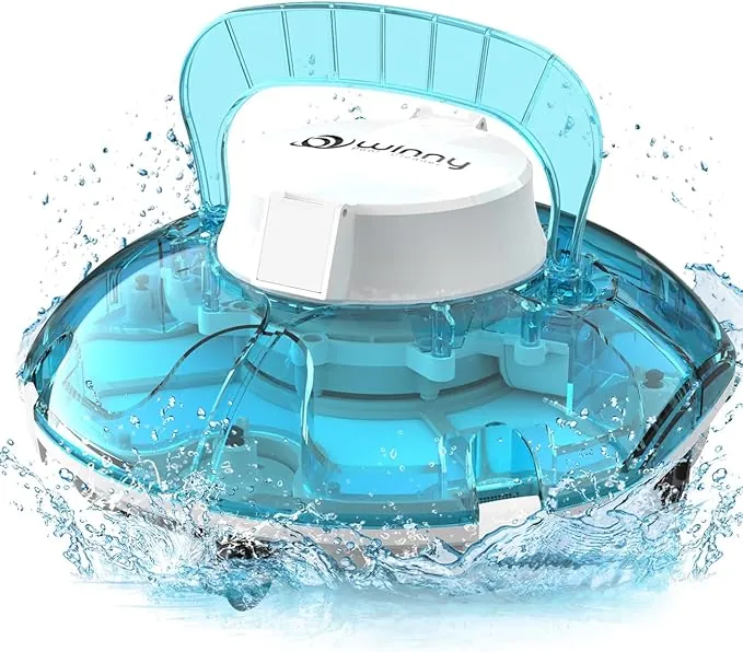WINNY POOL CLEANER Winny 200 Limpiafondos Piscina, Inalámbrico Robot Limpiafondos Piscina, 75Min Autonomía, Piscinas Desmontables 60m², Doble Filtración,Estacionamiento Auto(Transparente Azul-Blanco)