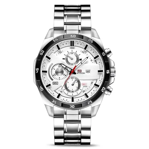 OFFCUP Reloj para Hombre, 50mm Cronografo Impermeable Relojes, Reloj Analógico de Cuarzo con Correa en Acero Inoxidable et Fecha Automática, Negocios Casual Relojes de Pulsera para Hombres (Plata)