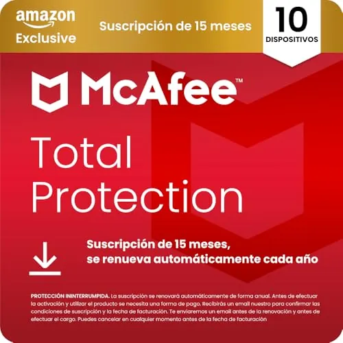 McAfee Total Protection para 10 Dispositivos 2026, 15 meses, Exclusivos de Amazon | Antivirus, VPN, software de seguridad | Suscripción con renovación automática | Descargar