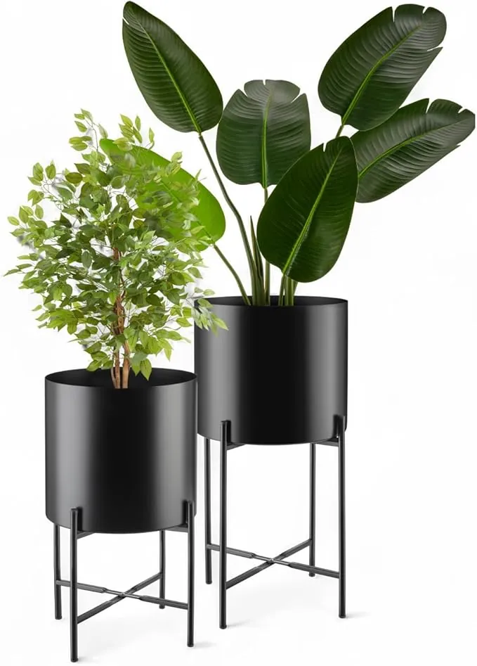 tectake® Maceteros Decorativos Interior, Maceteros Grandes Exterior, Decoracion Hogar, Macetero Alto, Soporte Plantas Interior, Acero con Revestimiento en Polvo - Set de 2 Negro
