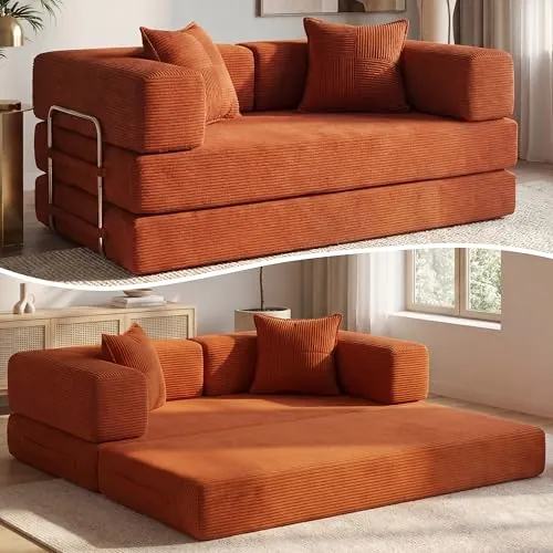 Vipbear Sofá Cama Pana 160×90×70 cm, sofá de Suelo transformable 5 en 1, Espuma de Alta Densidad, Apto para Mascotas y ergonómico, sin Montaje, Naranja