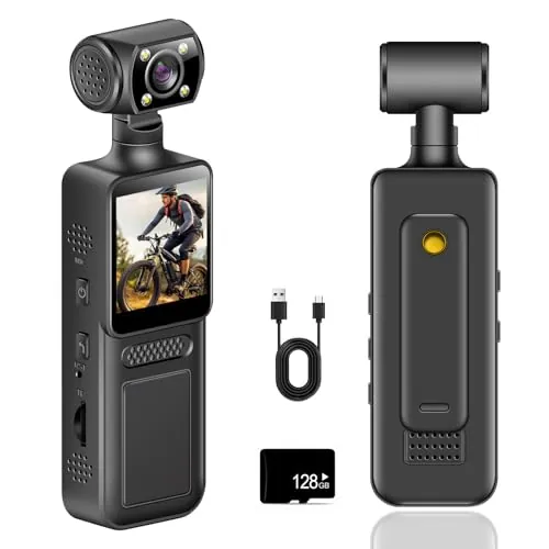 HAMON Cámara corporal 4K, POV/Vlog/Pocket con lente giratoria de 180°, cámara corporal portátil para seguridad, cámara de bolsillo para deportes al aire libre, bicicleta, viajes, policía, exterior y