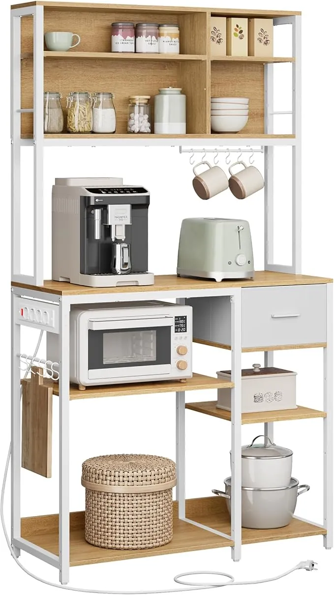 VASAGLE Estantería de Cocina con Multienchufe, Armario de Cocina, 40 x 100 x 180,4 cm, Estante de Microondas, Cajón de Tela, 12 Ganchos, Roble Dorado y Blanco Nube KKS027Y02