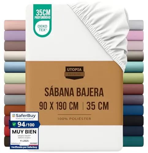 Utopia Bedding Sabana Bajera 90x200 - Blanco - Certificado Oeko Tex - Bolsillo Profundo - Microfibra de Poliéster Cepillado (Cama 90)