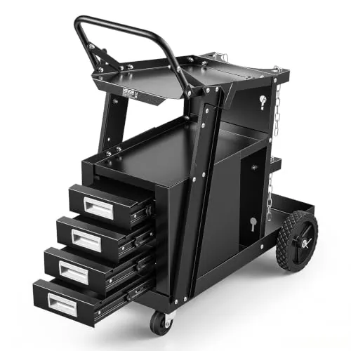 VEVOR Carro de Soldadura de 2 Niveles Carrito para Soldadura de 4 Cajones Carga de 120kg Ruedas Giratorias de 360° Cadenas Seguridad Depósitos Carro de Soldadura MIG sobre Ruedas para Taller de Plasma