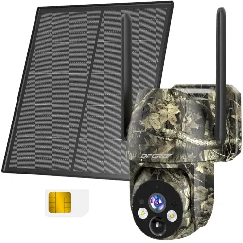 DFGRD 4G LTE Cámara Vigilancia Exterior Solar con Tarjeta SIM Preinstalada sin WiFi, 2K PTZ 360° Batería 10400mAh, Detección de Movimiento PIR, Visión Nocturna a Color, Audio Bidireccional, IP66