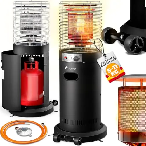 TRESKO Calefacción de terraza de gas 11 kW + ruedas, para botellas de 5 y 11 kg | Potente calefacción exterior para terraza, balcón, jardín, camping | Sombrilla calefactora con manguera y regulador