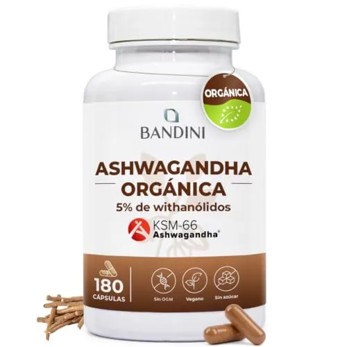 Ashwagandha Orgánica KSM-66® Extra Fuerte - 180 Cápsulas para 6 meses - | Withania Somnifera organica en polvo, 5% de witanólidos - 100% Vegano y BIO - 500mg por día (1 cápsula) - Contra el estrés