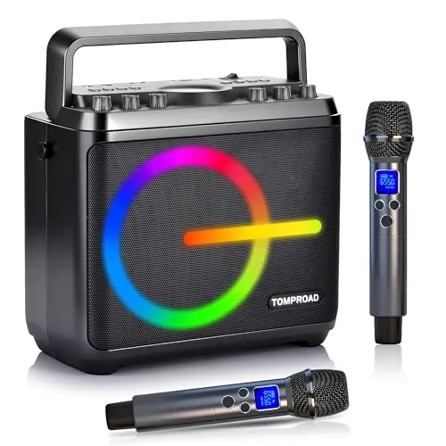 Máquina de Karaoke, Altavoz Bluetooth con 2 micrófonos inalámbricos, Sistema de megafonía portátil para Adultos y niños con Luces LED, Ajuste de Graves/Agudos,Rec para Fiestas en casa.