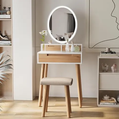 YU YUSING Tocador de Maquillaje con Espejo LED, Mesa Cosmética | 3 Modos Luz, Tocador de Dormitorio con Taburete 3 Cajones Multifuncional, Iluminación Regulable, Moderno, Color Madera