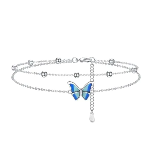 Tusuzik Regalos Tobillera Plata de Ley 925 Tobilleras Doble Capa para Mujer Bola Redonda con Mariposa Cadena Ajustable Joyería