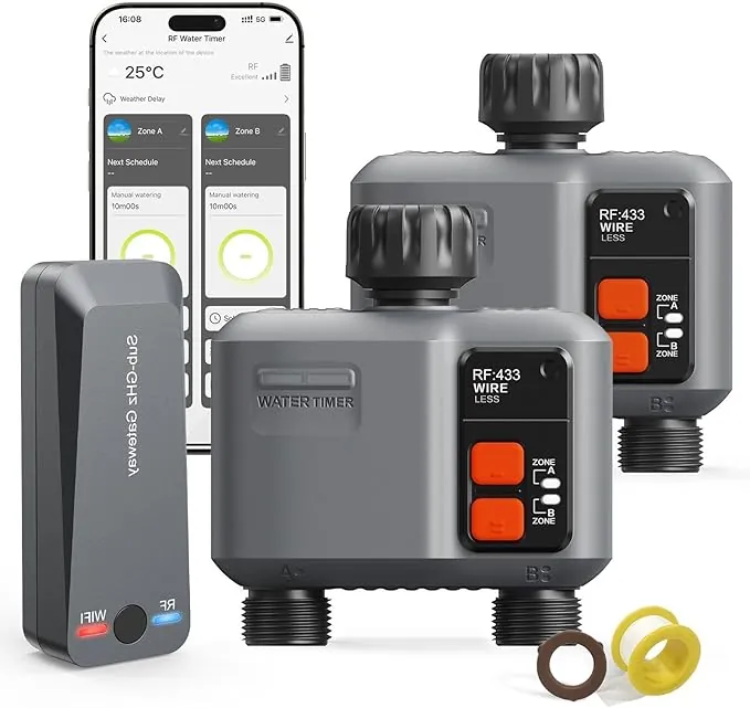 johgee Programador de Riego WiFi 2 Salidas con Gateway Tecnología RF 300M, 2 Paquetes Temporizador Riego Automático para Riego de Jardín Compatible con La Aplicación Alexa y Smart Life