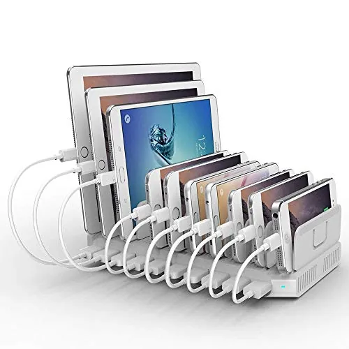 Alxum 96W Estación de Carga USB A 10 Puertos 5V/2.4A Blanco Puro