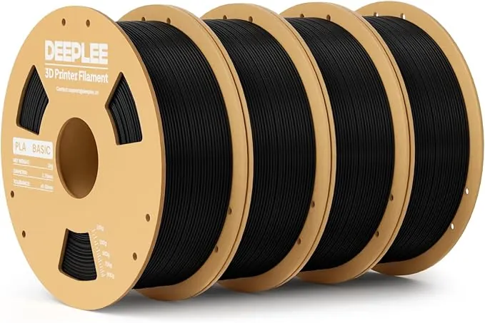 DEEPLEE PLA Basic 1.75 mm, Kit 4 Bobinas Negro (4 kg). Precisión ±0.02 mm. Bobina Perfecta Sin Atascos. Ideal para Principiantes. Compatible con Impresoras FDM.