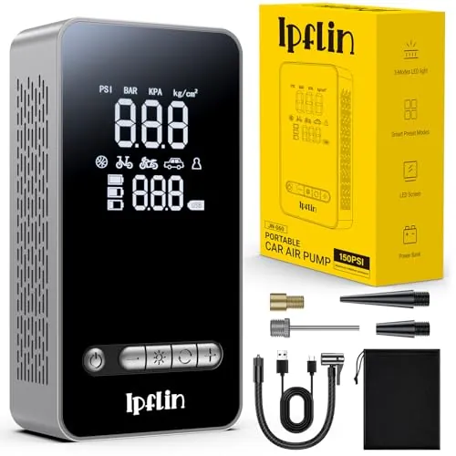 Ipflin Inflador Ruedas Coche - Compresor Aire Portatil 150PSI con Linterna y Batería Recargable - para Coches, Motos, Bicicletas | Manómetro Digital | SOS Emergencia y Carga USB para Viajes Familiares