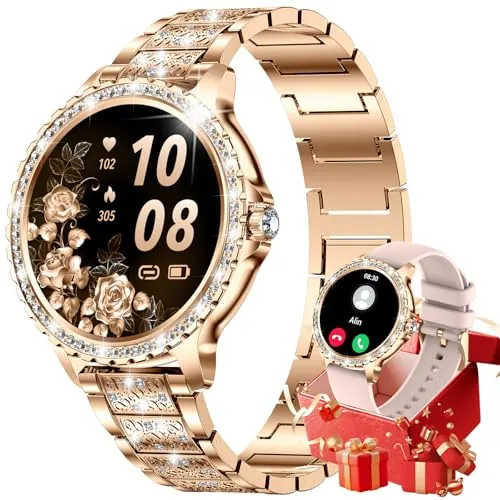 CHOOSETIME Elegante Reloj Inteligente Mujer con Diamantes, 1.32" Smartwatch con Ciclo Menstrual/Frecuencia Cardíaca/Sueño Monitor para Android iOS, 500+ Esfera, 100+ Sport, 2 Correas, Oro Rosa