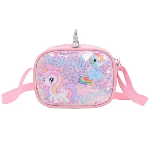 KASESSS Bolso Niña Brillante Unicornio Bolso Bandolera Niña con Lentejuelas, Bolsos para Niñas Pequeños, Bolsos Bandolera con Correa Ajustable, Regalos para Niñas de 5-12 Años, 18x4x14CM, Rosa
