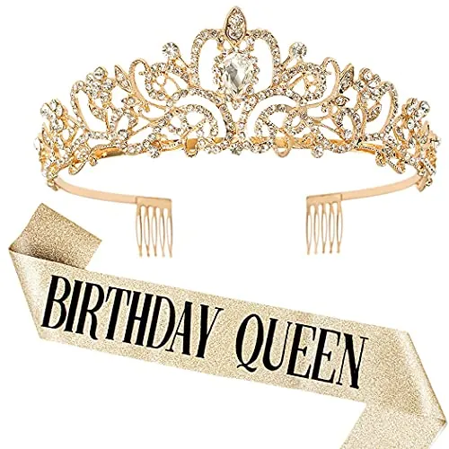 DRESHOW Corona y Fajín de Cumpleaños para Mujer Fajín de Reina de Cumpleaños y Tiara de Strass Set Tiaras y Fajines de Cumpleaños para Niñas Decoraciones de Cumpleaños Accesorios para el Pelo