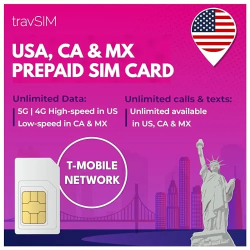 travSIM USA, Canada Mexico SIM Card | Servicio T-Mobile | 50GB de Datos para USA, 5GB para Canada y Mexico | Llamadas Nacionales y SMS ilimitados | Válido Durante 14 días