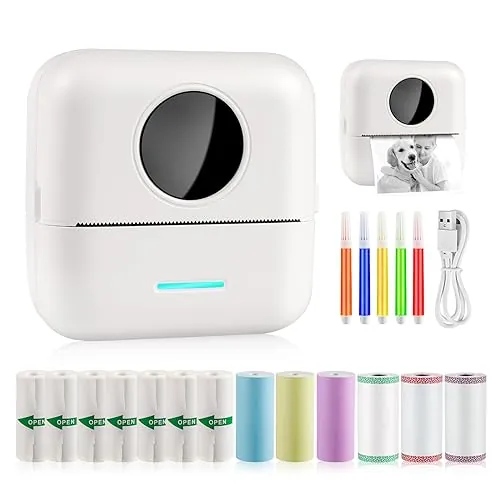 GuKKK Mini Impresora para Movil, Impresora Fotográfica, Portátil Impresora Termica, BT Inalámbrico Impresora Térmica con 13 Rollos de Pape, para Movil Impresora Fotos, para Lista Fotos Nota (A)
