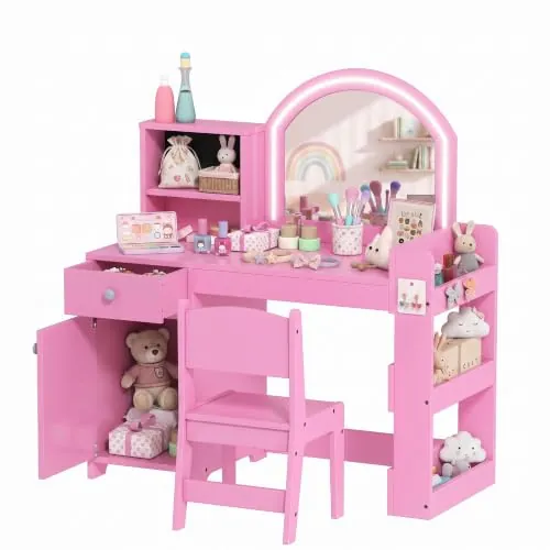 AIYAPLAY Tocador de Maquillaje Niña con Taburete para 3 a 8 Años Rosa