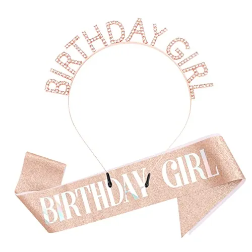 DRESHOW Diadema de cumpleaños para niña, tiara con faja, corona de princesa, pedrería, accesorio de cumpleaños para mujeres y niñas, Birthday Girl: Rose Gold UK, Talla única